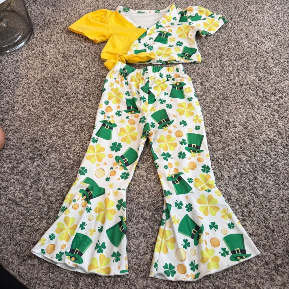 Girls St Patricks Day Leprechaun Hat Shamrock Bell Bottom Pant Set 3Y Yellow
